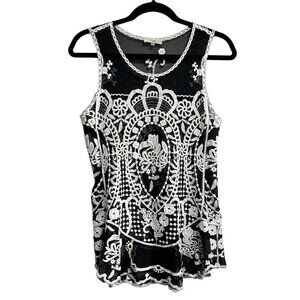 Capri Black Mesh Floral Embroidered Semi Sheer Boho Sleeveless Top Size S